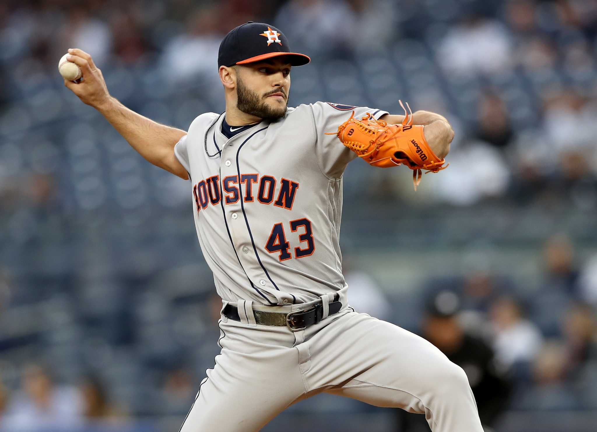 Lance McCullers Jr. #43 of the Houston Astros delivers during the