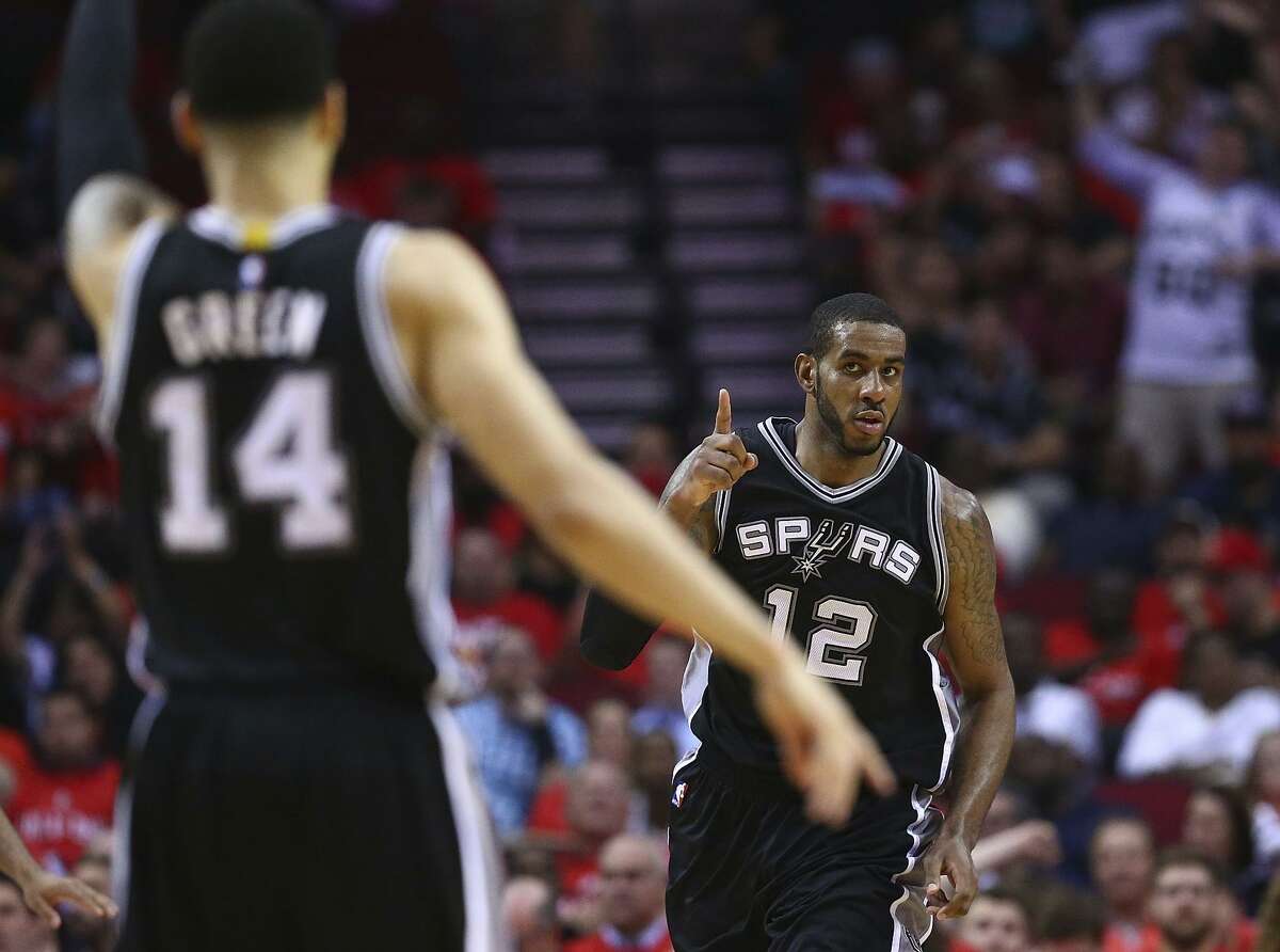 The Spurs’ LaMarcus Aldridge, acknowledging teammate Danny Green, scored 34 points in Game 6 in eliminating the Rockets.