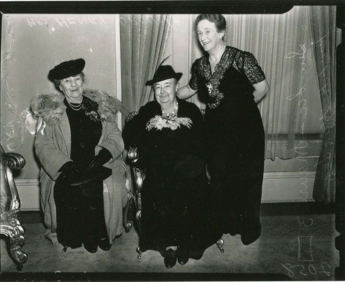 Women at tea given by the Noontime Round Table of the Women’s Club on “Friendship Day.” Shown are (from left) Mrs. E.S. Maury, Mrs. Henry Drought, one of the founding members, and Mrs. A.H. Worden. Published in the San Antonio Light on March 12, 1939