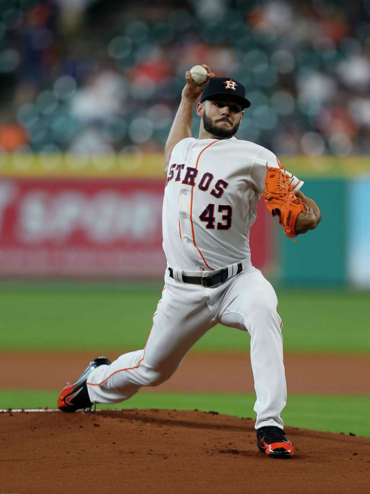 Houston Astros starting pitcher Lance McCullers Jr. (43) pitches during the first inning of an MLB Thursday, April 20, 2017, in Houston. ( Karen Warren / Houston Chronicle )