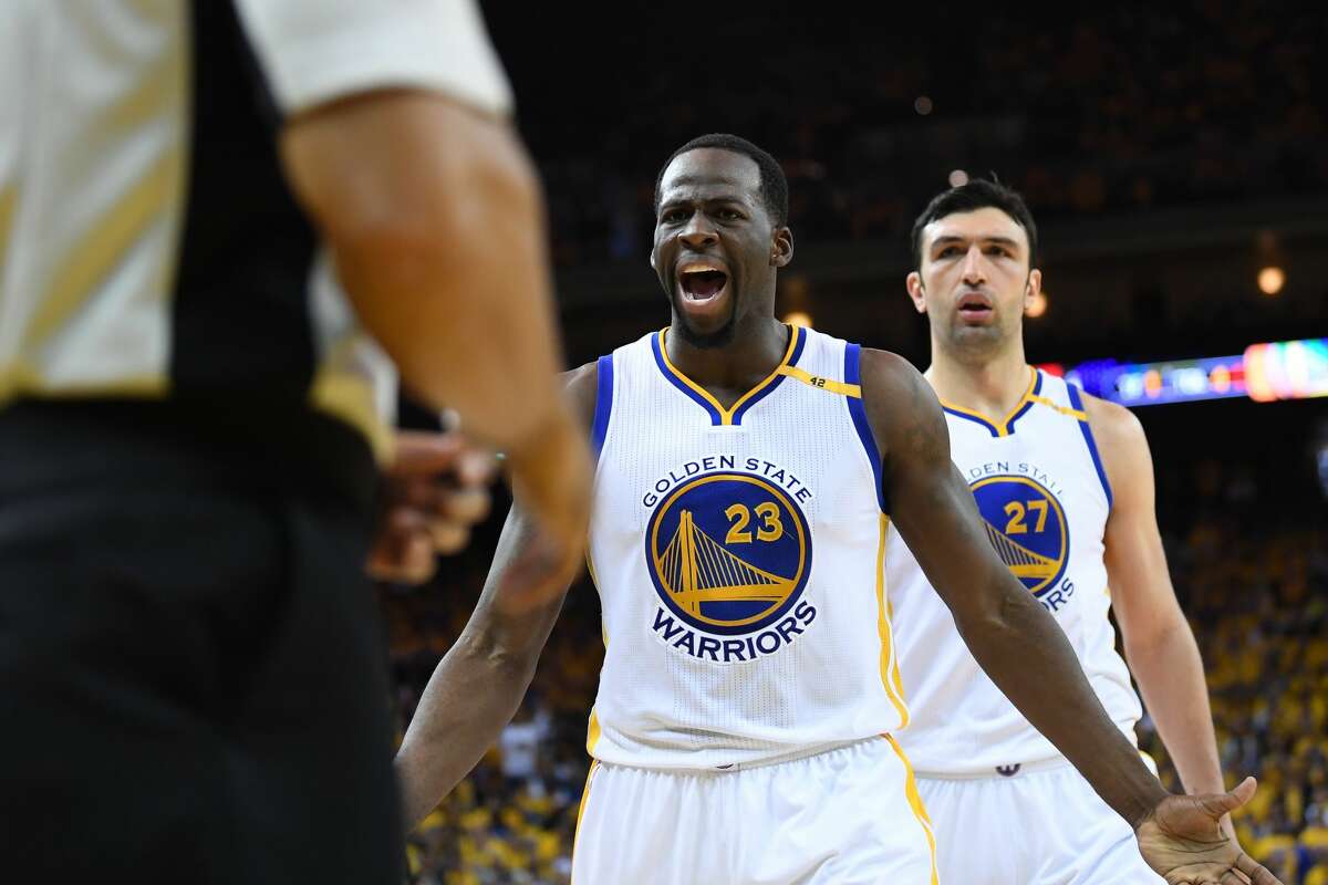 OAKLAND, CA - MAY 14: Draymond Green #23 of the Golden State Warriors reacts to a call during Game One of the NBA Western Conference Finals against the San Antonio Spurs at ORACLE Arena on May 14, 2017 in Oakland, California. NOTE TO USER: User expressly acknowledges and agrees that, by downloading and or using this photograph, User is consenting to the terms and conditions of the Getty Images License Agreement. (Photo by Thearon W. Henderson/Getty Images)