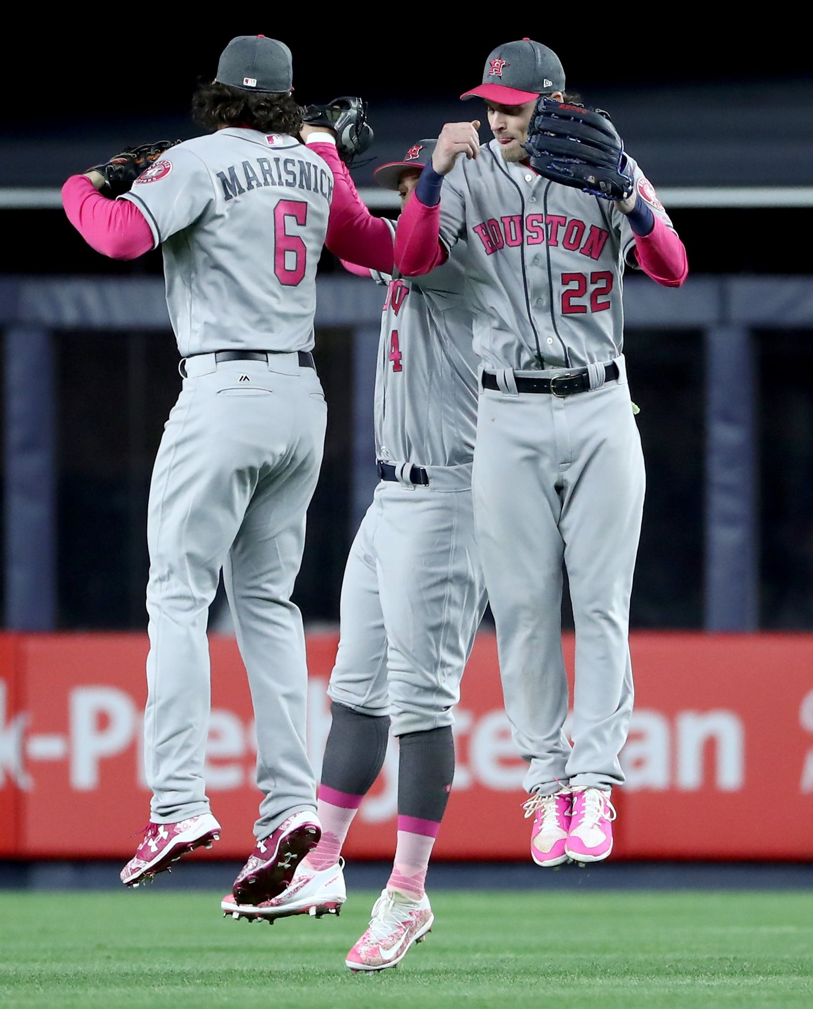 Houston Astros Carlos Beltran, left, is congratulated by teammate