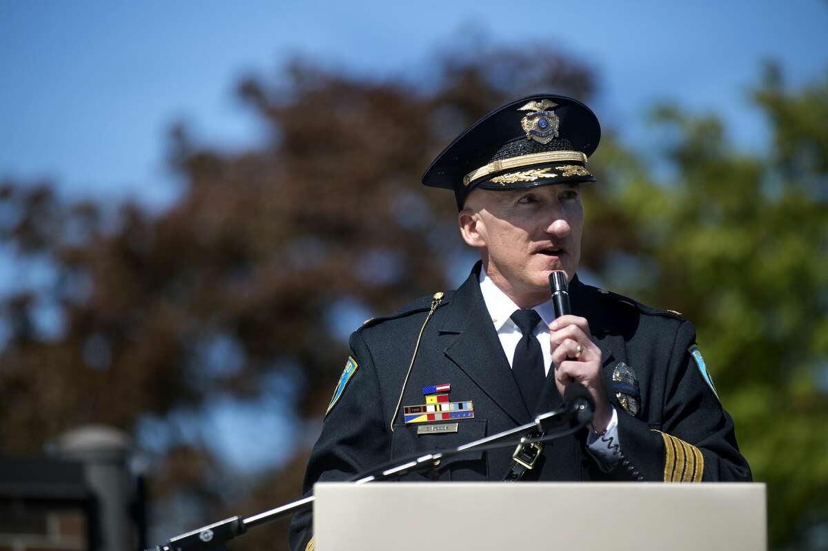 Midland Chief of Police Clifford Block addresses the crowd during a ceremony honoring National Peace Officers Memorial Day on Monday at the Law Enforcement Center.