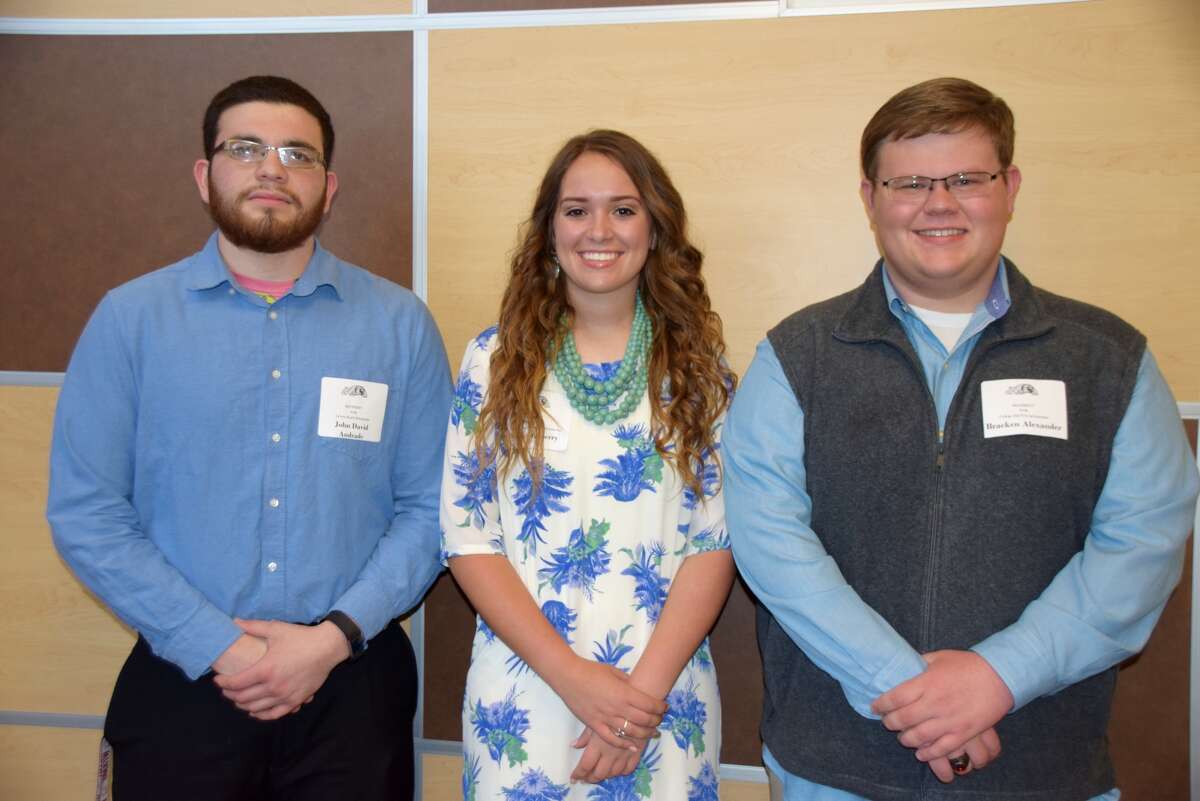 Plainview High School senior Macey Mayberry (center) was named 2017 class valedictorian, Bracken Alexander (right) was named salutatorian, and John David Andrade (left) was honored as the winner of the Lavern Roach Memorial Award at the annual Plainview High School Scholarship and Awards Assembly on Monday evening.