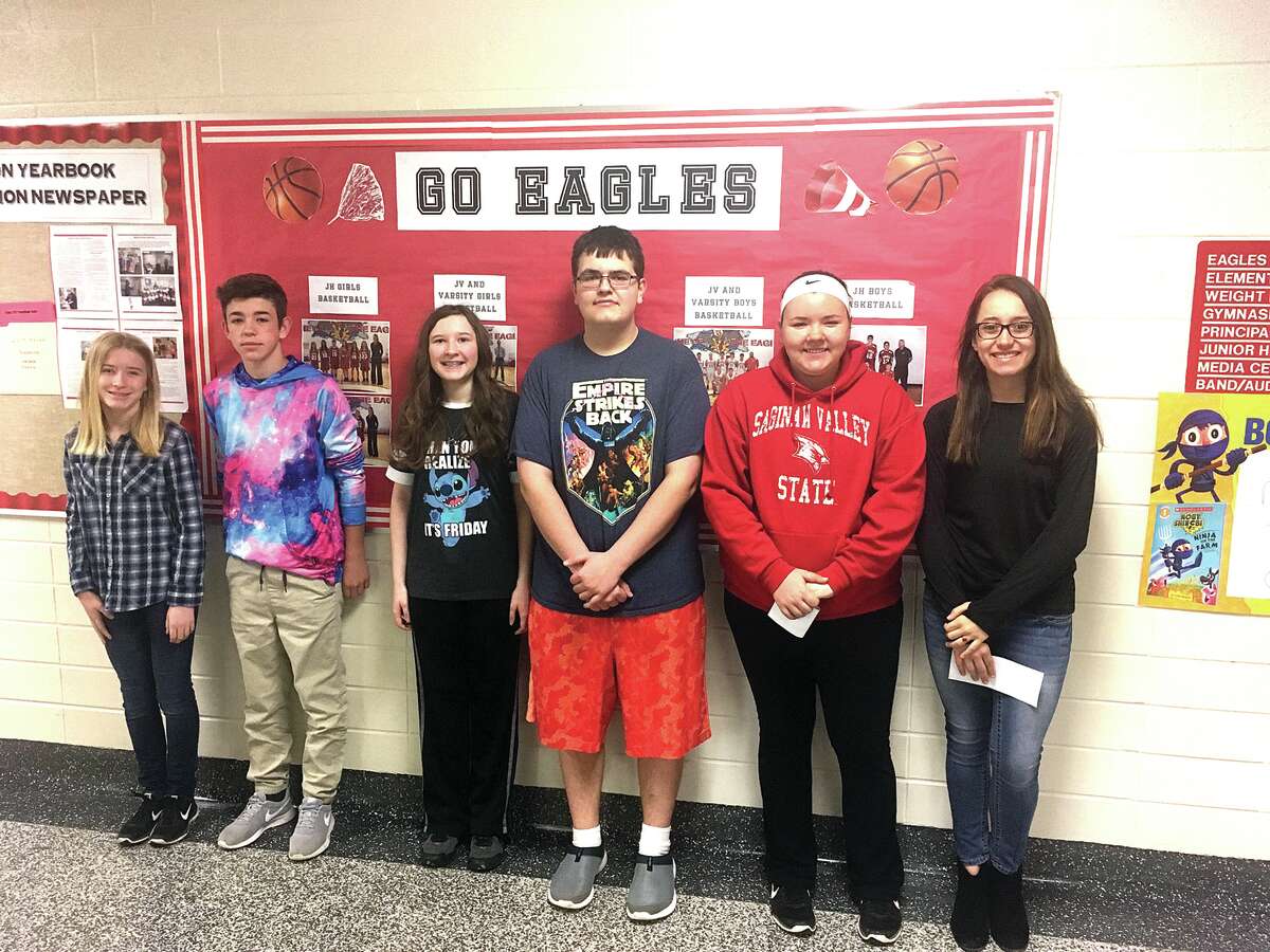  The junior high/high school students of the month are Emma DeGrant (seventh grade), Alex Schweinsberg (eighth grade), Jackie Guigar (ninth grade), Terry Jimpkoski (tenth grade), Kylie Bilkie (eleventh grade) and Mariah Bolda (twelfth grade). Sixth-grader John Marks is missing from this photo). (Submitted Photo)