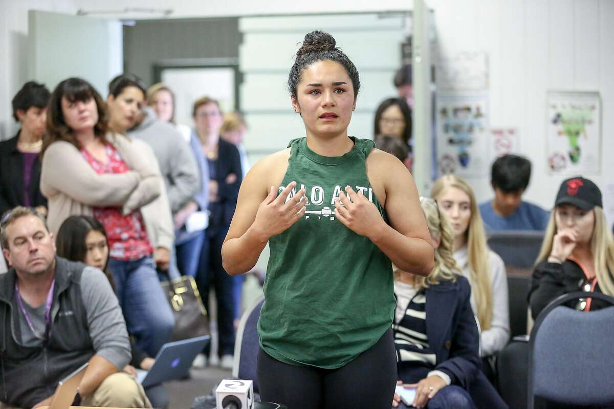 Magdalena Renteria, a Palo Alto High senior, gets emotional while addressing the Palo Alto school board members about the districts handling of complaints that a sports star at the school sexually assaulted a student during a special hearing on Tuesday, May 16, 2017 in Palo Alto, Calif.