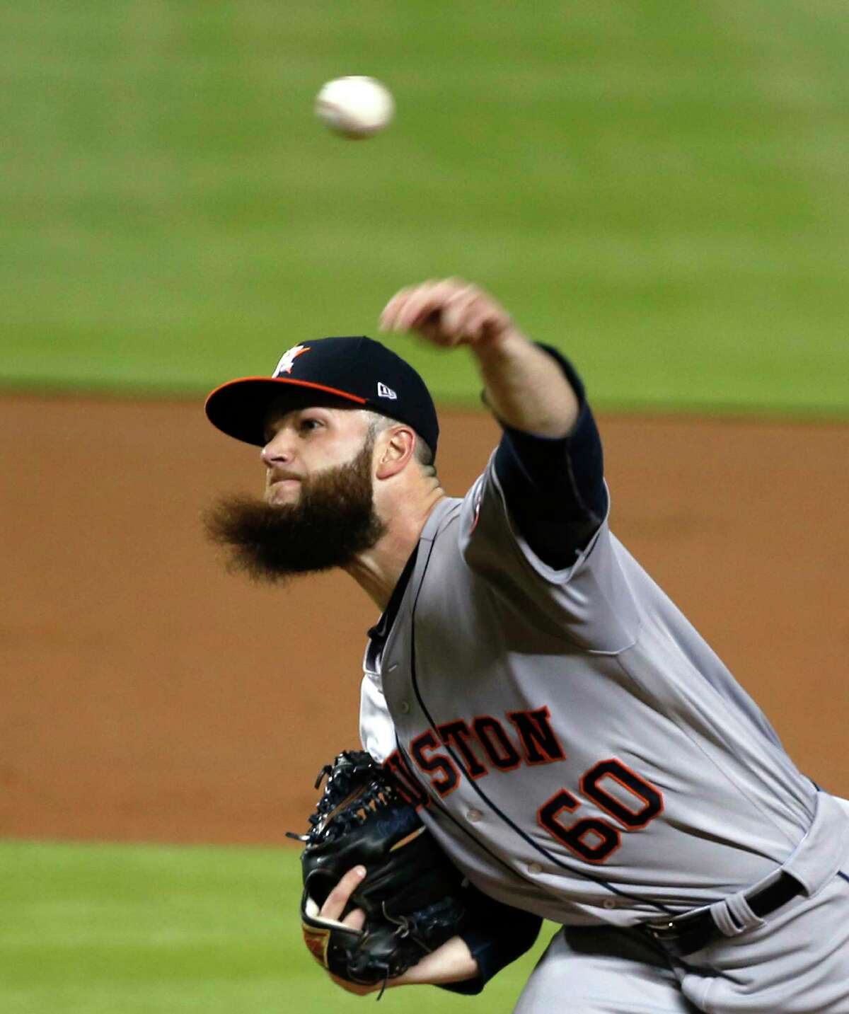 Dallas Keuchel's beard gets into the flow of a short but smooth outing. The lefthander went five innings to cruise to victory on a night the Astros had 12 runs on 14 hits.