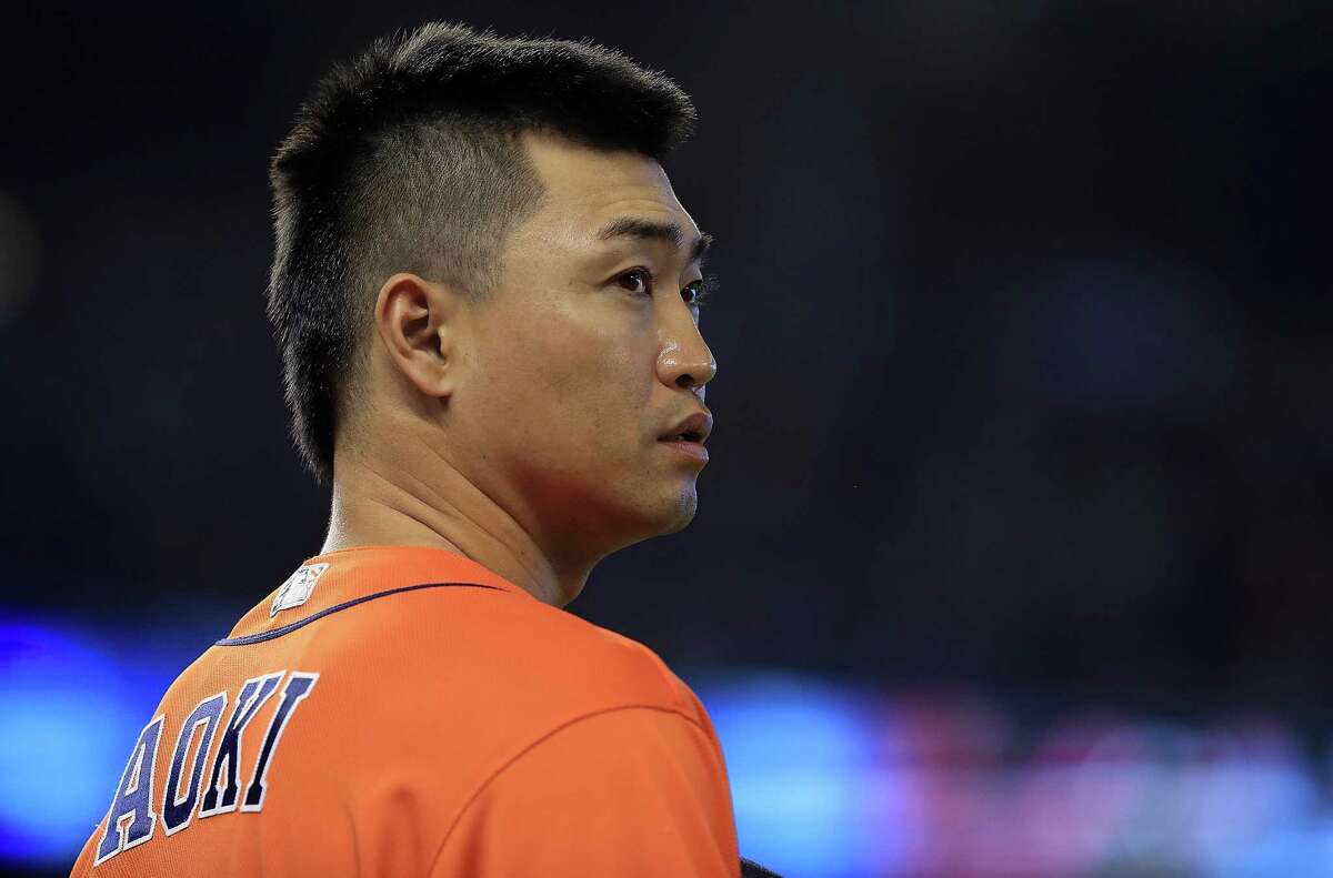 MIAMI, FL - MAY 17: Norichika Aoki #3 of the Houston Astros looks on during a game against the Miami Marlins at Marlins Park on May 17, 2017 in Miami, Florida.