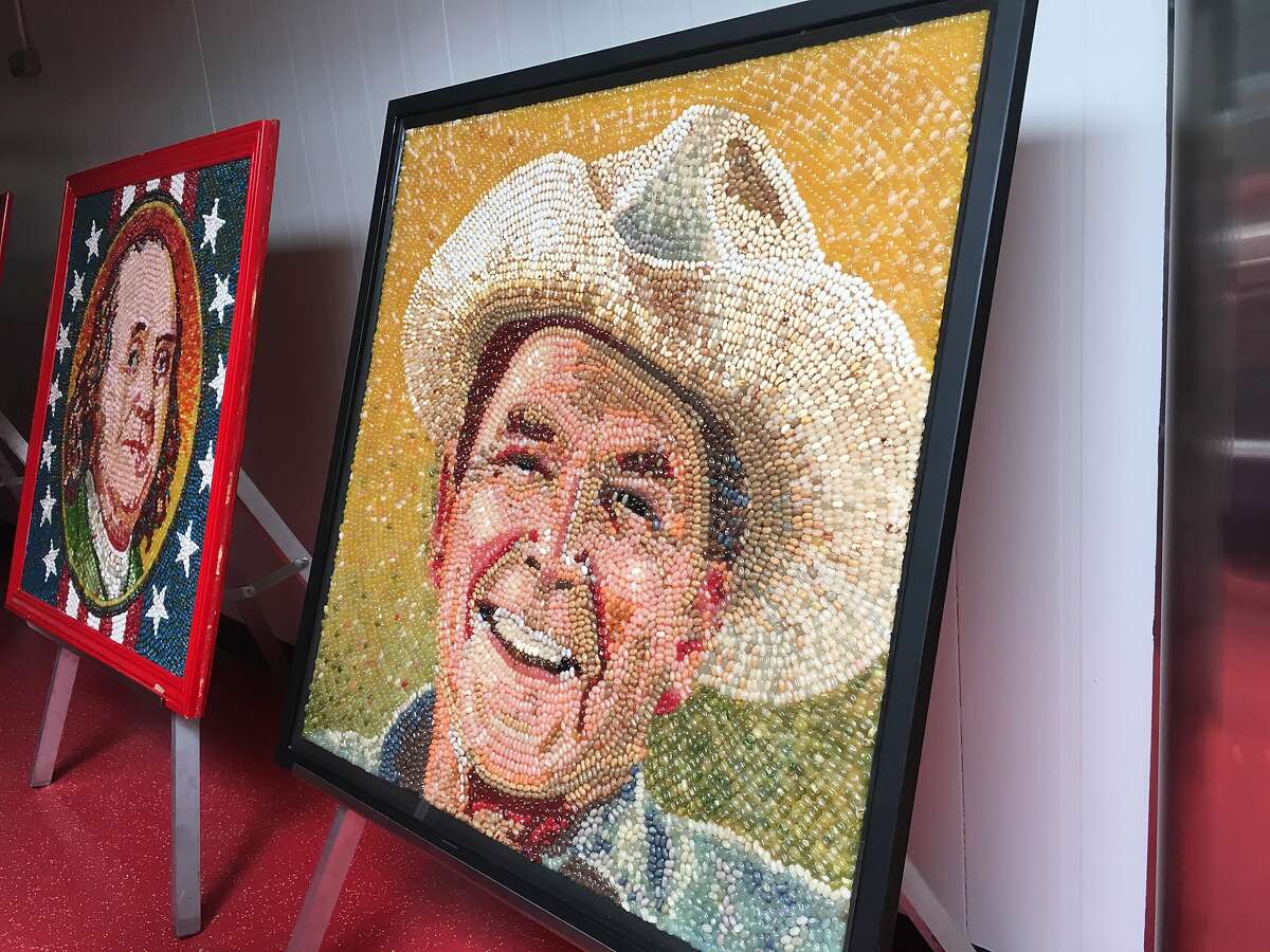 Jelly bean mosaics of Ben Franklin and Ronald Reagan at the Jelly Belly factory in Fairfield.