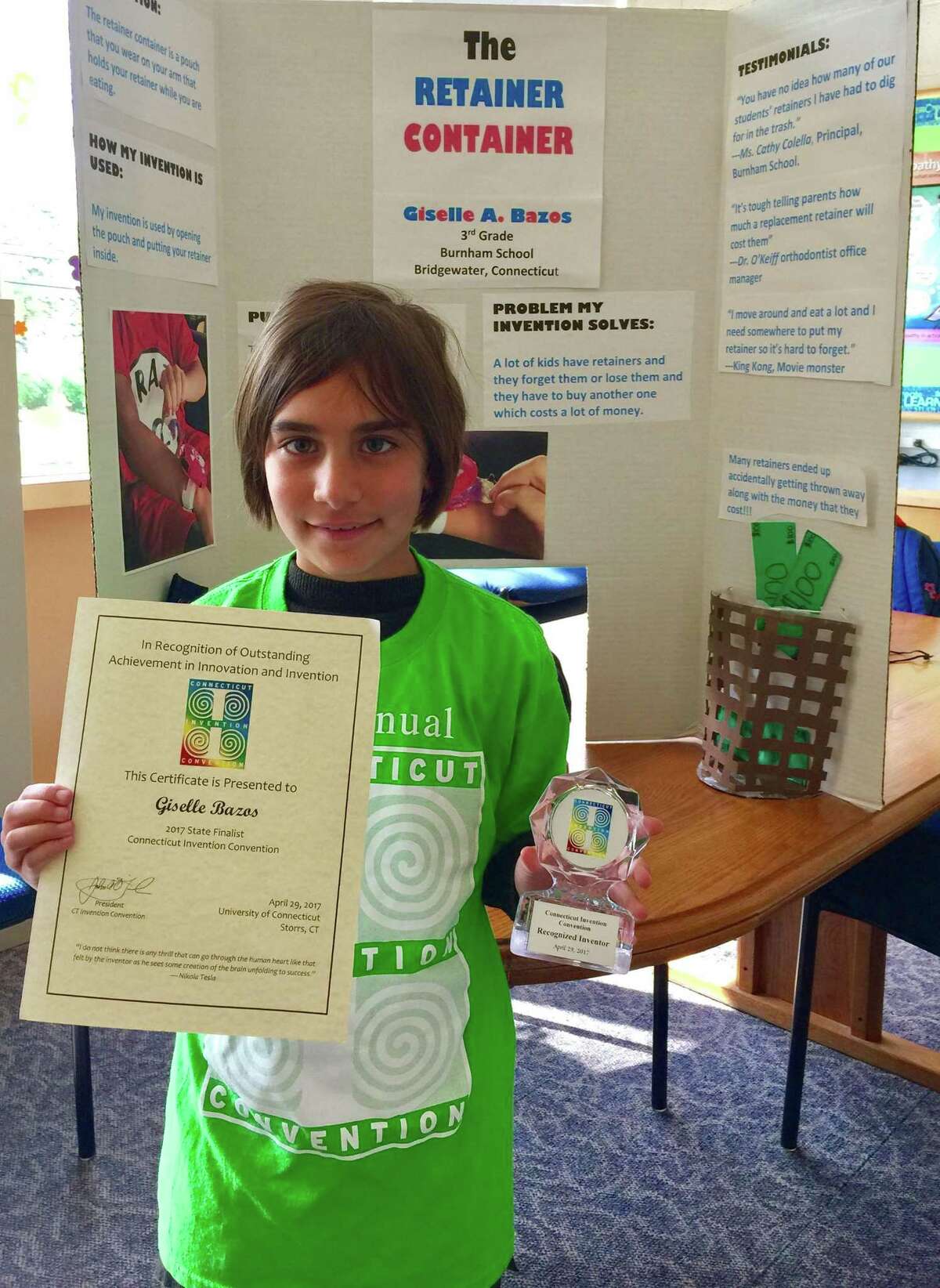 Giselle Bazos, a third grader at Burnham School in Bridgewater, will participate in the June 1-3 National Invention Convention and Entrepreneurship Expo in Washington, D.C.