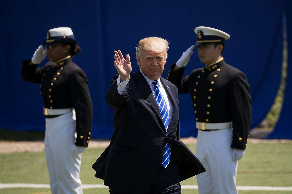 NEW LONDON, CT - MAY 17: US President Donald Trump arrives at the commencement ceremony at the U.S. Coast Guard Academy, May 17, 2017 in New London, Connecticut. This is President Trump's second commencement address since taking office and comes amid cont