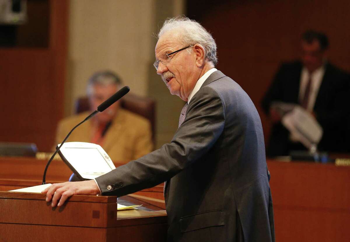 Former mayor Phil Hardberger spoke before City Council as a proponent of the $850 million bond package which includes the land bridge at the park named in Hardberger's honor on Thursday, Jan. 19, 2017. The council ultimately and unanimously approved the bond package. Voters will now decide the fate of the bond proposal on May 6th. (Kin Man Hui/San Antonio Express-News)