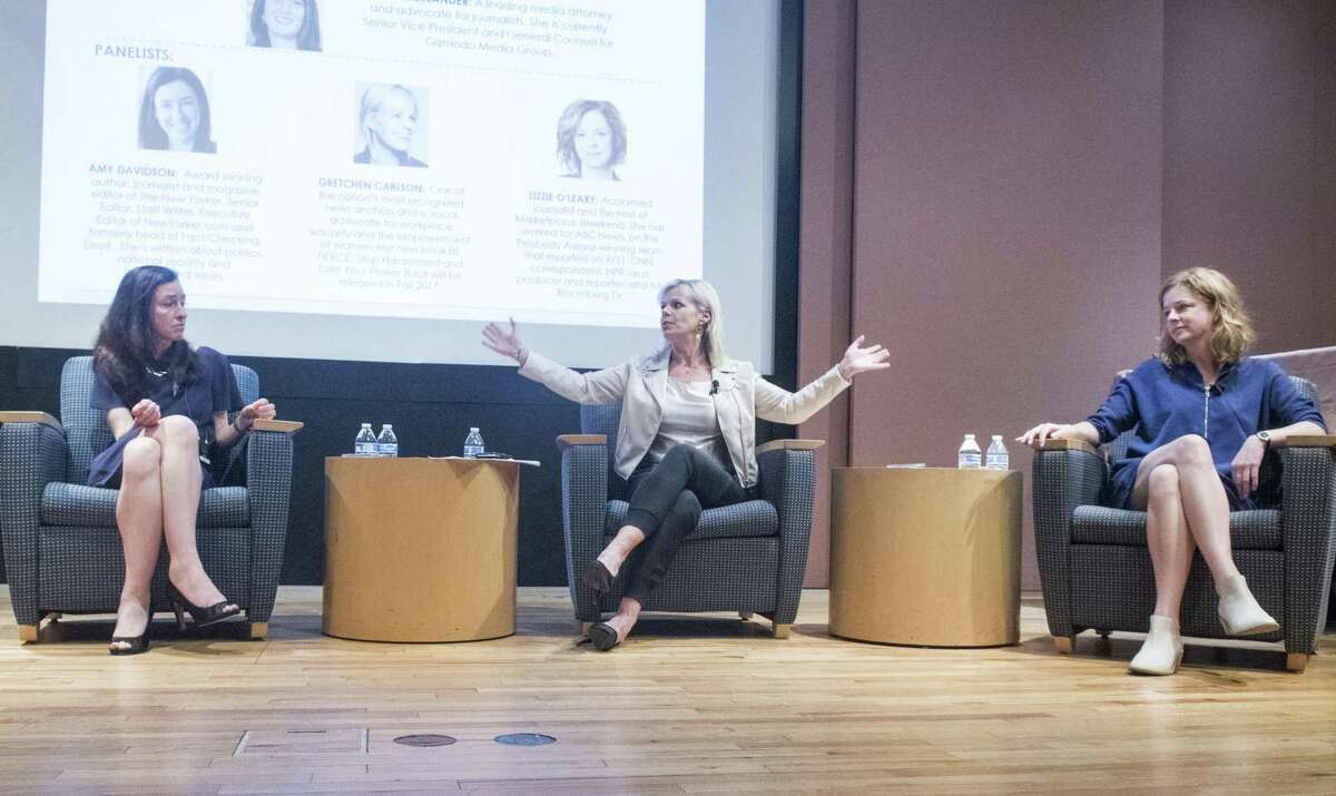 The Greenwich League of Women Voters hosts a panel featuring The New Yorker's Amy Davidson, left, Greenwich resident and former Fox News host Gretchen Carlson, center, and Marketplace's Lizzie O'Leary, the discussion focused on journalism and the concept of fake news at Greenwich Library, May 16, 2017. Media attorney Lynn Oberlander moderated the discussion in front of a packed house.