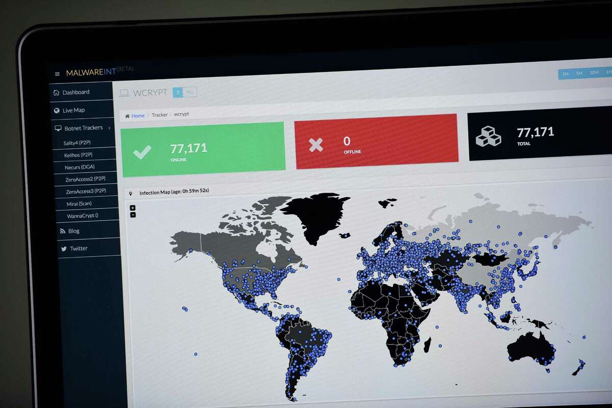 A map compiled by British company Malware Tech displays the geographical distribution of the WannaCry ransomware cyber-attack over the past 24 hours on May 12, 2017, as seen on a computer screen in Portland Ore. (Alex Milan Tracy/Sipa USA/TNS)