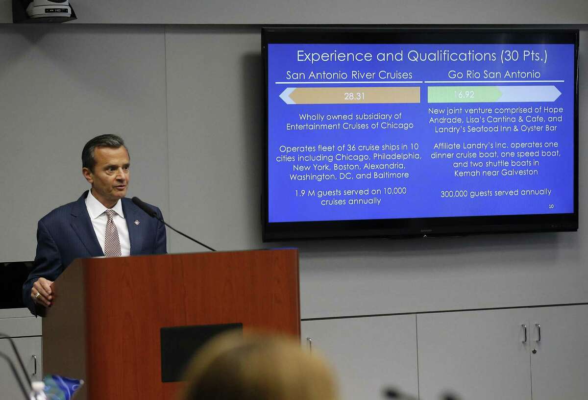 Assistant City Manager Carlos Contreras shows the evaluation of two finalists for San Antonio's lucrative river barge contract during presentations to San Antonio City Council on Wednesday afternoon -- a highly unusual situation. City staff recommended Chicago-based San Antonio River Cruises.