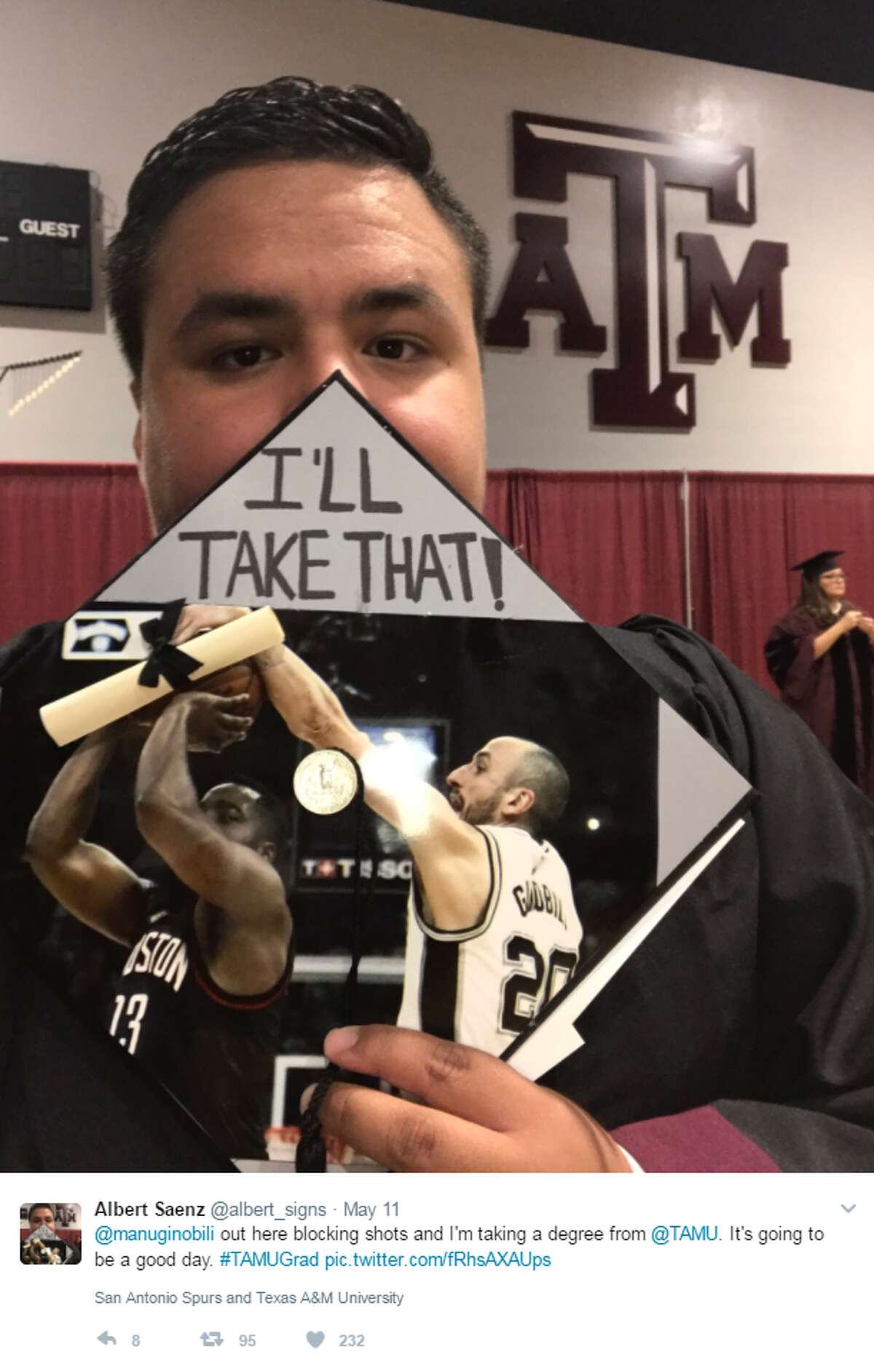 @albert_signs: @manuginobili out here blocking shots and I'm taking a degree from @TAMU. It's going to be a good day. #TAMUGrad