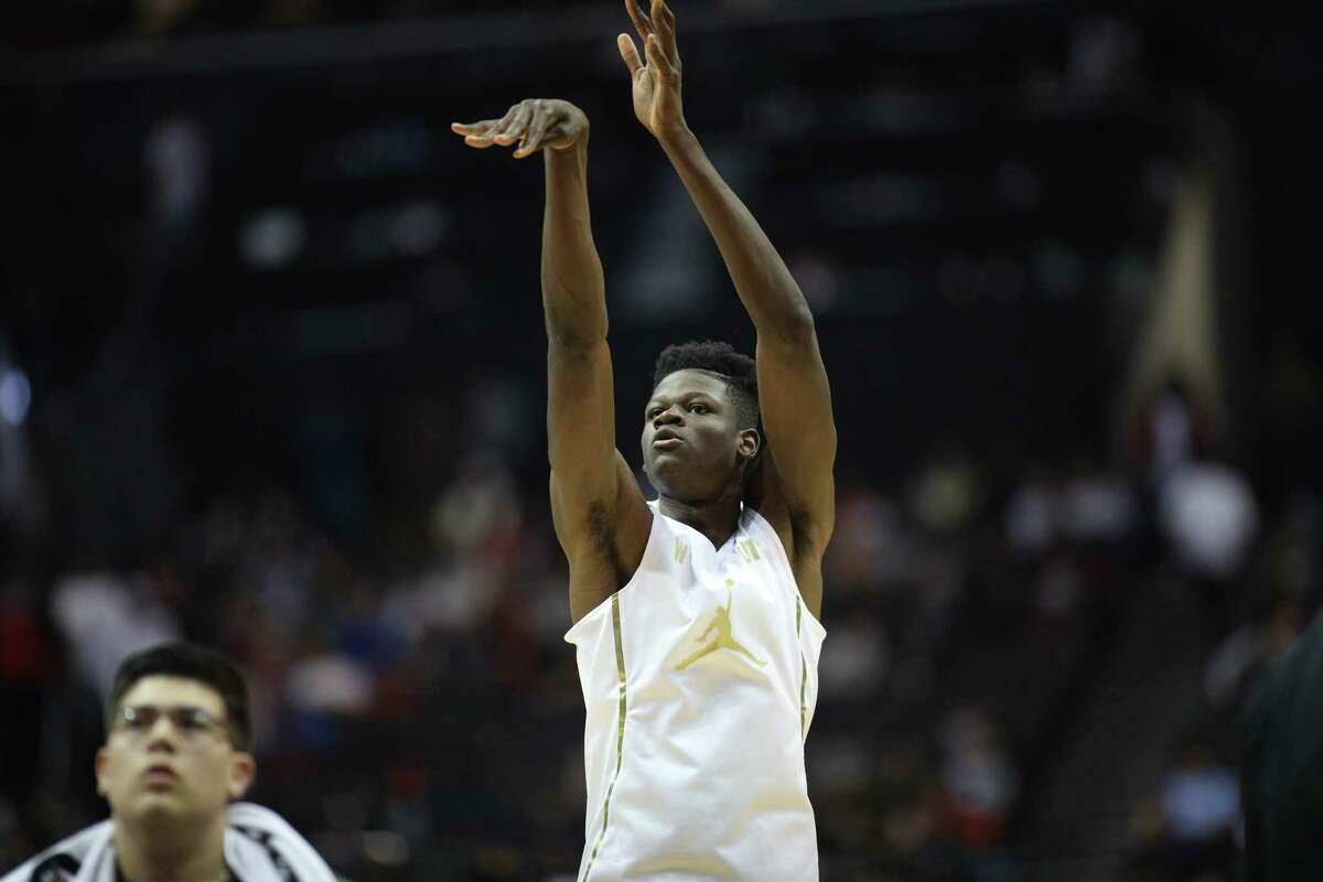 Mohamed Bamba soots during the Jordan Brand Classic All-Star basketball game at the Barclays Center on April 14, 2017 in New York.