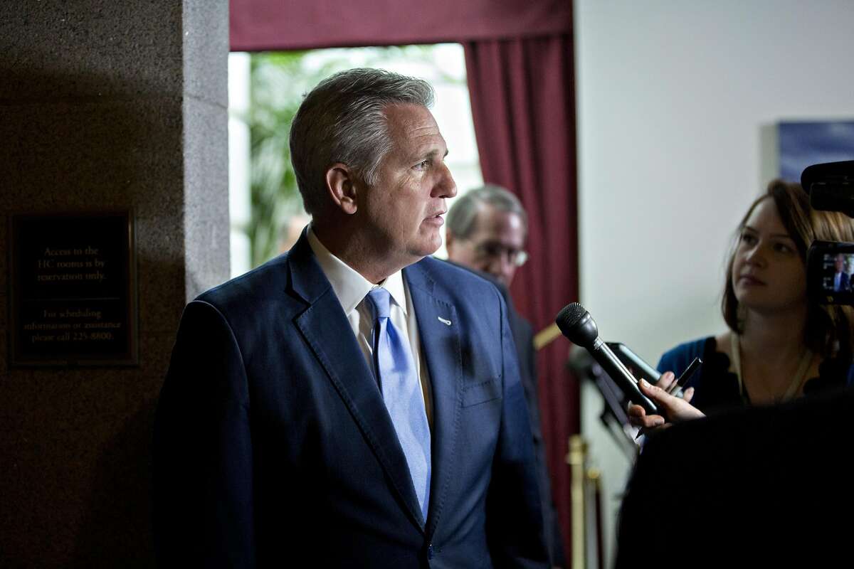House Majority Leader Kevin McCarthy, a Republican from California, speaks to members of the media after a House Republican conference meeting at the U.S. Capitol in Washington, D.C., U.S., on Thursday, May 4, 2017. Seven years of Republican promises to replace Obamacare will be kept alive or dealt a potential death blow Thursday in a dramatic House vote on an embattled health bill, with big political risks for President Donald Trump and Speaker Paul Ryan. Photographer: Andrew Harrer/Bloomberg