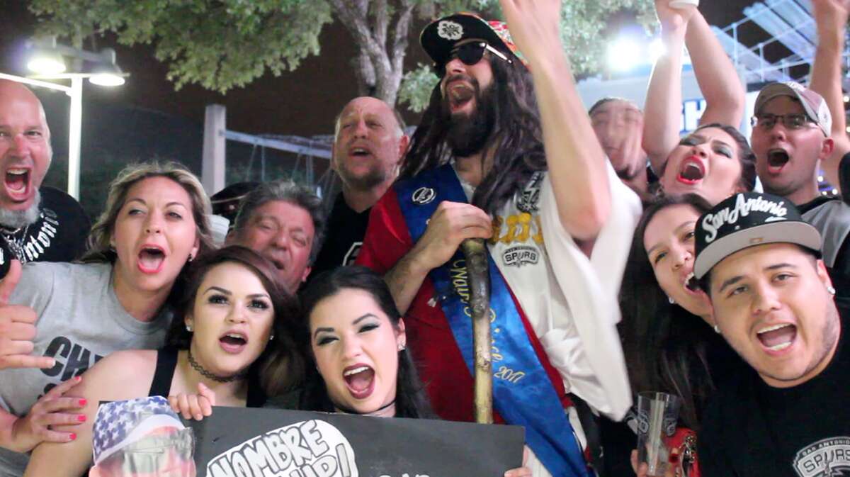Spurs Jesus riles up some Spurs fans after Game 5, Round 2 of the 2017 playoffs in which the Spurs beat the Rockets in overtime.