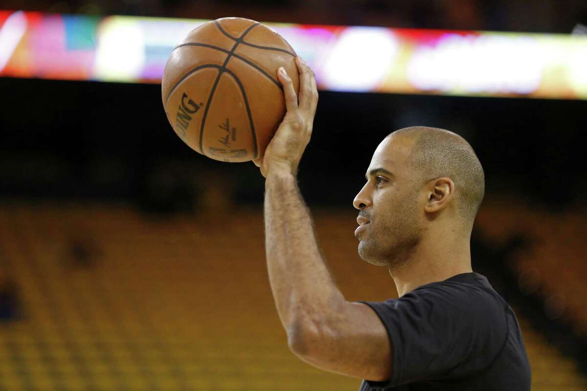 Spurs assistant coach Ime Udoka works out with Dewayne Dedmon (not pictured) before Game 2 of the Western Conference finals against the Golden State Warriorson May 16, 2017.