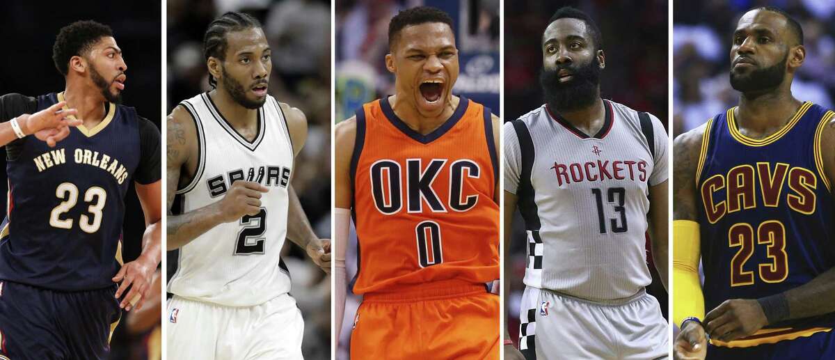 The 2016-17 All-NBA First Team included (from left) New Orleans Pelicans center Anthony Davis (45 First Team votes, 343 points), San Antonio Spurs forward Kawhi Leonard (96 First Team votes, 490 points), Oklahoma City guard Russell Westbrook (99 First Team votes and 498 points), Houston Rockets guard James Harden (100 First Team votes and 500 points) and Cleveland Cavaliers forward LeBron James (99 First Team votes and 498 points).