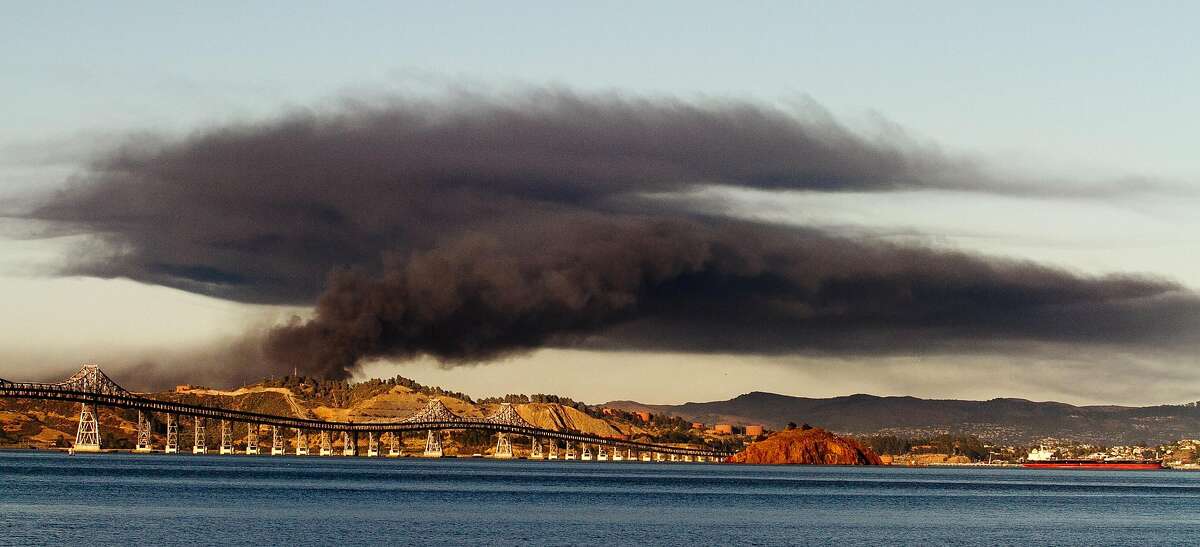 Fire at the Chevron Refinery in Richmond as seen from Tiburon, Calif. on Monday August 6th, 2012.