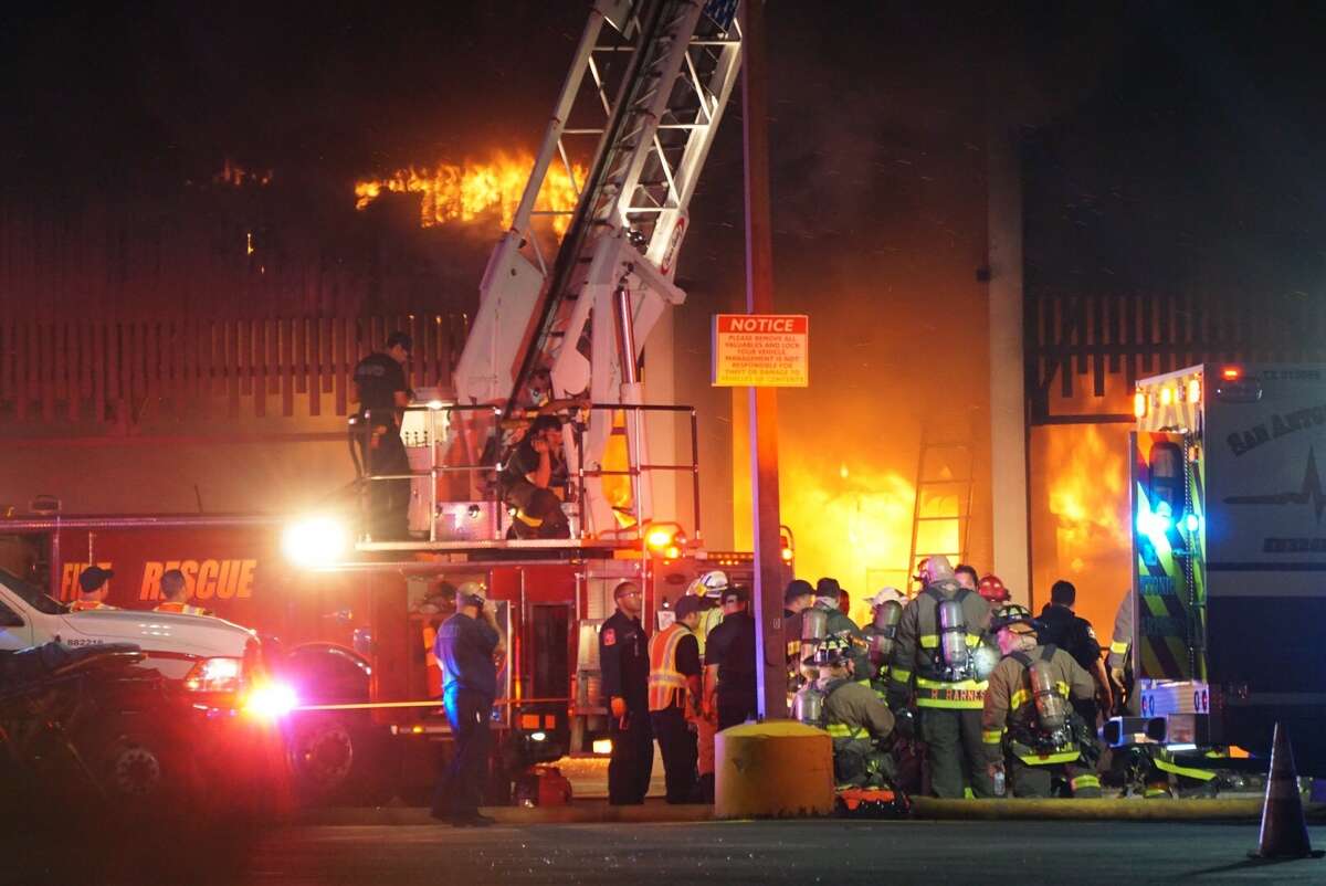 At least one firefighter was injured when battling a blaze that erupted at about 9 p.m. near Ingram and Wurzbach roads.