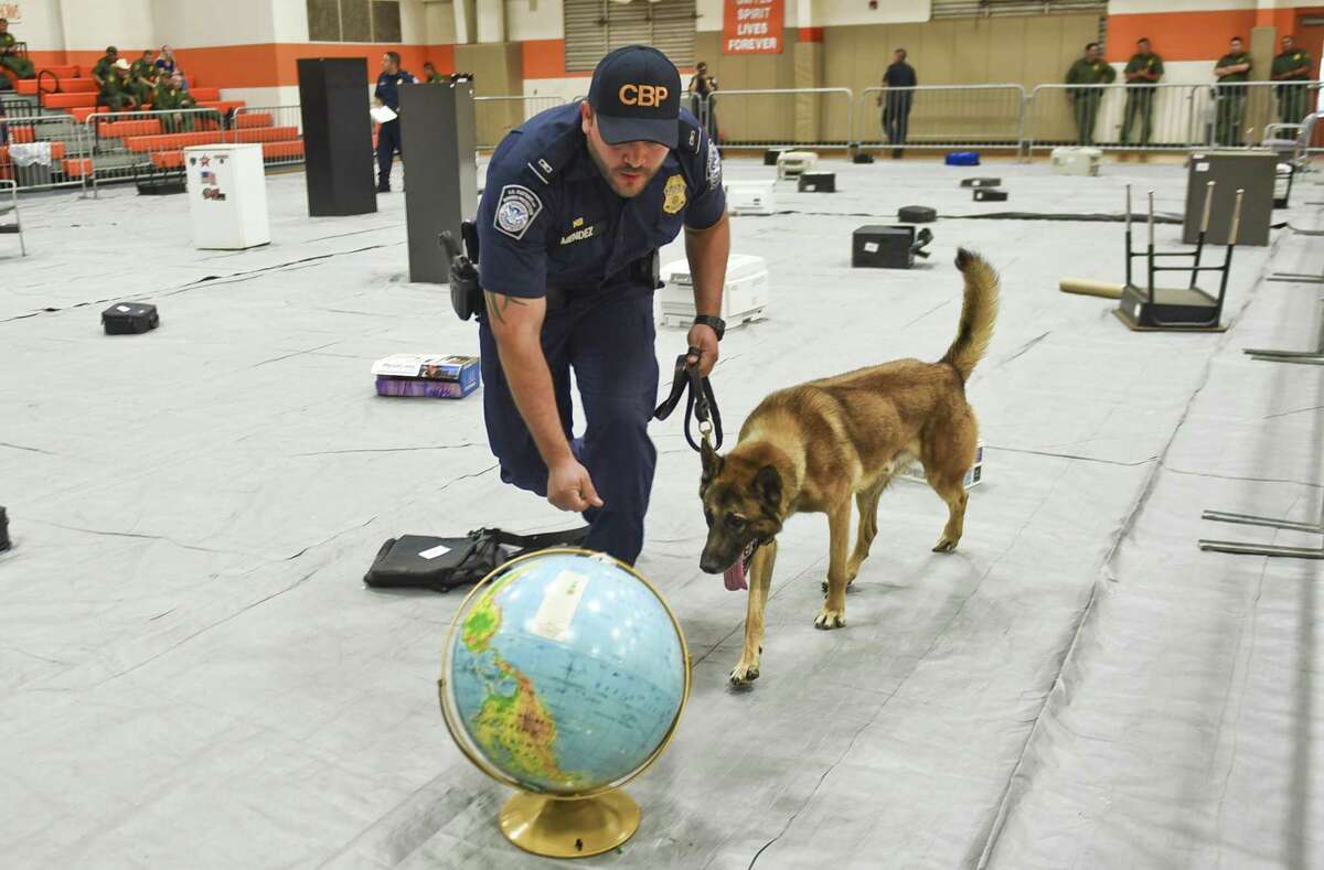 Customs and Border Protection of Laredo Officer Cesar Mendez and his K9 Broky inspect random objects for concealed narcotics on Tuesday as part of the third annual K9 Competition hosted by United ISD Police at the United High School ninth-grade campus.
