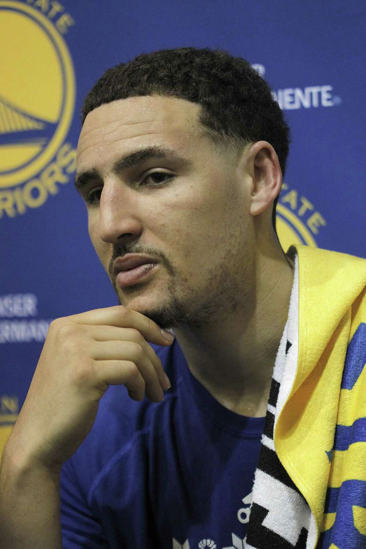 Warriors’ Klay Thompson talks to the media after practice on May 18, 2017, in Oakland, Calif.