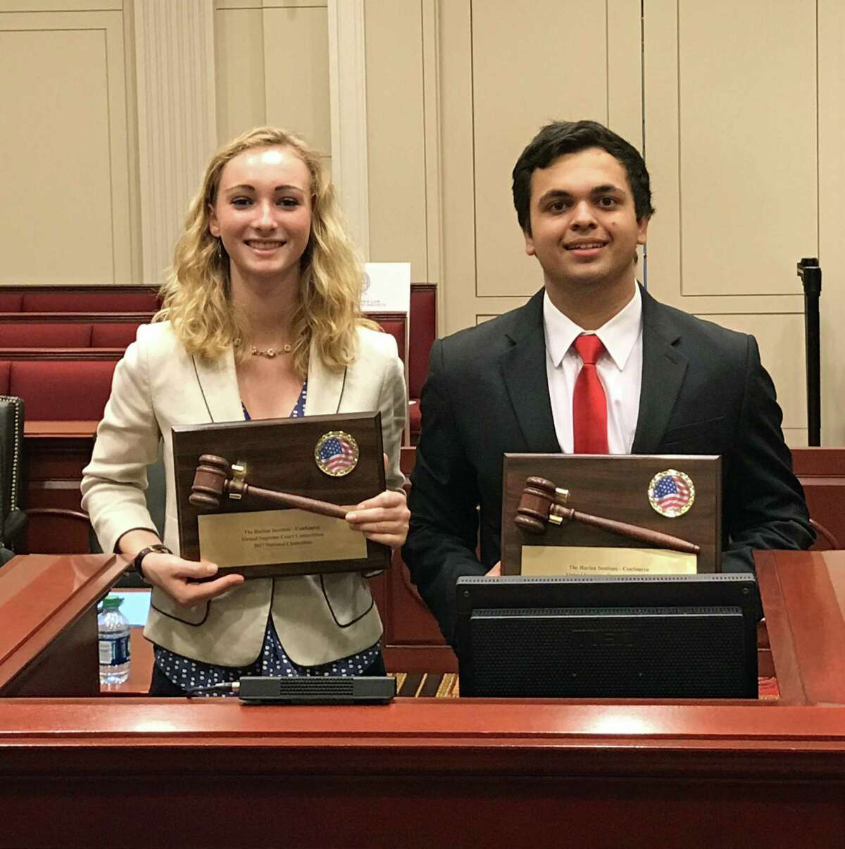 Greenwich High School students Lucy Mini (left) and Arjun Ahuja (right) claimed victory in the fifth annual National Virtual Supreme Court Competition for high school students on May 18.
