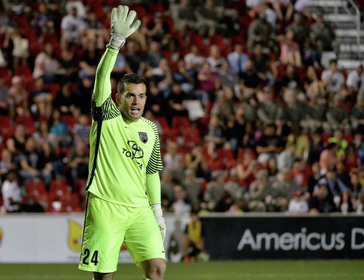 San Antonio FC goalkeeper Diego Restrepo sets up the defense against Seattle Sounders FC 2 during the second half of a USL match on May 13, 2017, at Toyota Field in San Antonio.