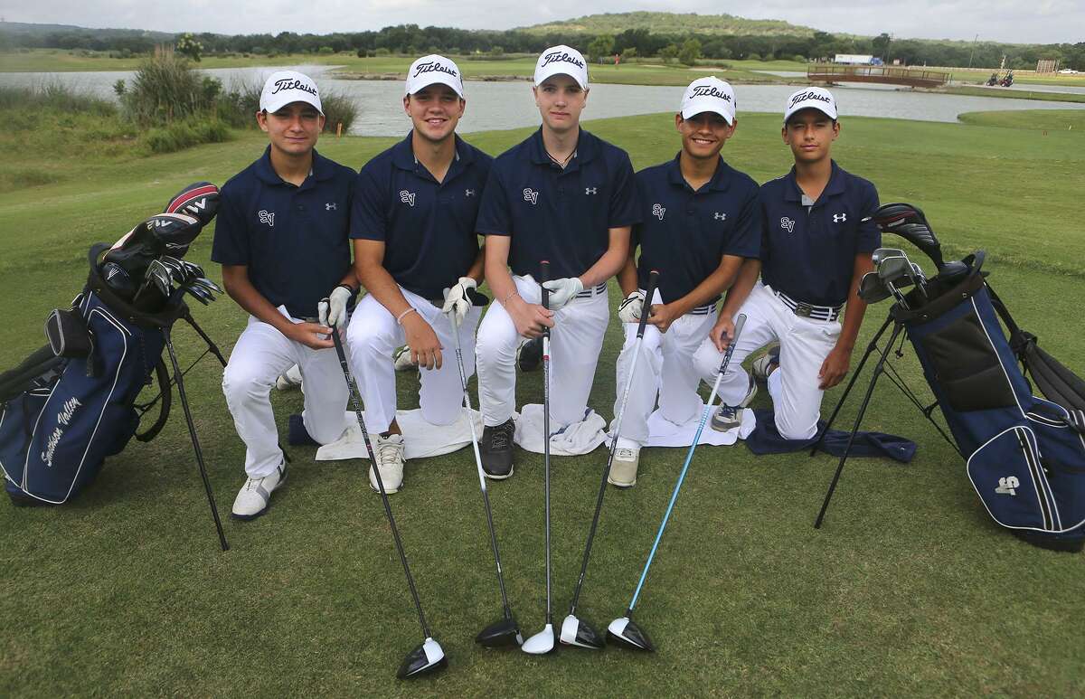 The Smithson Valley golf team is going to state tournament. The are (from left) Tyler Horn, Jordan Stagg, Garrett Coan, Joaquin Martinez, and Evan Perez. The team, pictured at River Crossing Golf Club in Spring Branch, will be wearing white pants and caps for good luck.
