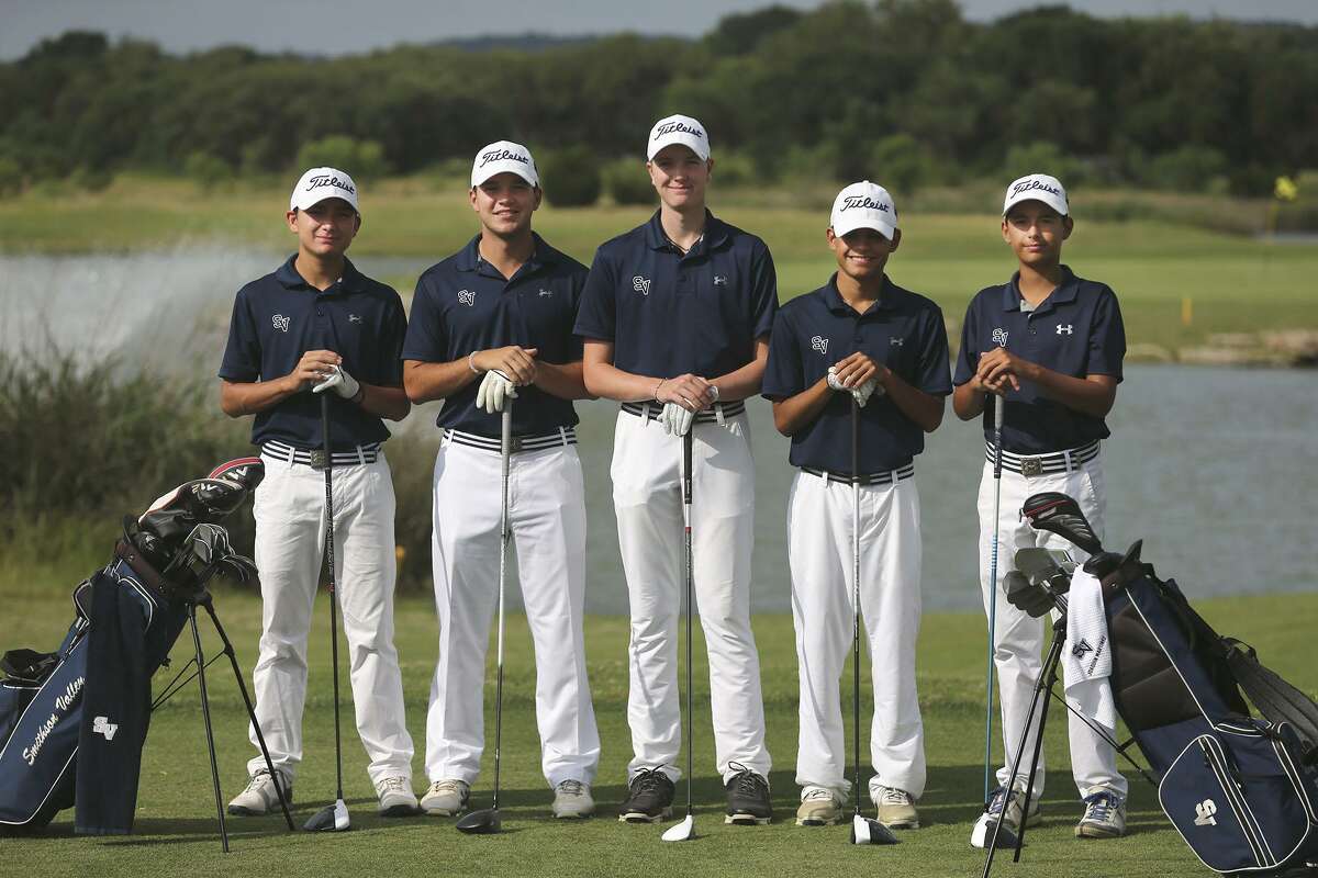 The Smithson Valley golf team is going to state tournament. The are (from left ) Tyler Horn, Jordan Stagg, Garrett Coan, Joaquin Martinez, and Evan Perez. The team, pictured at River Crossing Golf Club in Spring Branch, will be wearing white pants and caps for good luck.