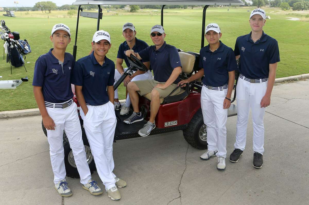 The Smithson Valley boys golf team poses at River Crossing Golf Club before heading to the state tournament in 2017. From left: Evan Perez, Joaquin Martinez, Jordan Stagg, coach Jason Pape, Tyler Horn and Garrett Coan.