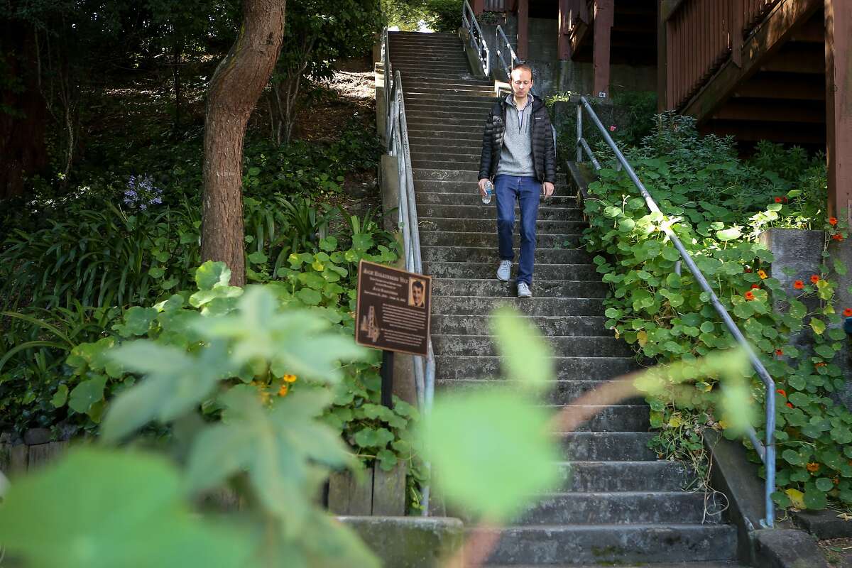 Nearby resident Quentin de Coster walks down the Jack Balestreri steps on Friday, May 19, 2017 in San Francisco, Calif.