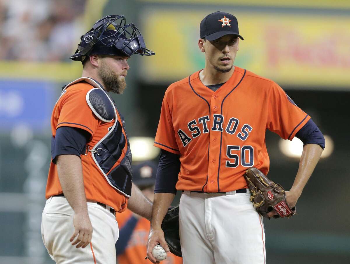 Houston Astros starting pitcher Charlie Morton (50) reacts as he see the manager coming to pull him in the sixth inning against the Cleveland Indians. Houston Astros and Cleveland Indians play in the first of a four-game series on Friday, May 19, 2017, in Houston. ( Elizabeth Conley / Houston Chronicle )