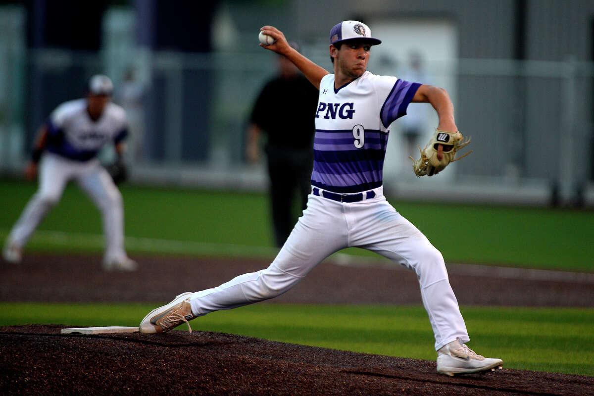 Port Neches-Groves' Nathan Vidrine pitches against Barbers Hill in the second game of a 5A regional quarterfinal series on Friday evening. Photo taken Friday 5/19/17 Ryan Pelham/The Enterprise
