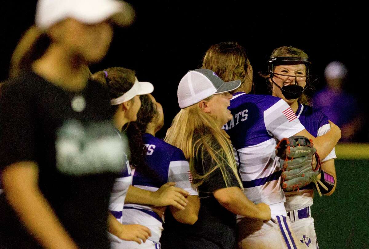 Willis starting pitcher Casey Dixon (10) celebrates with teammates after striking out Gretchen Mead of #1 Kingwood Park to win Game 3 of a Region III-5A semifinal series Friday, May 19, 2017, in Willis.