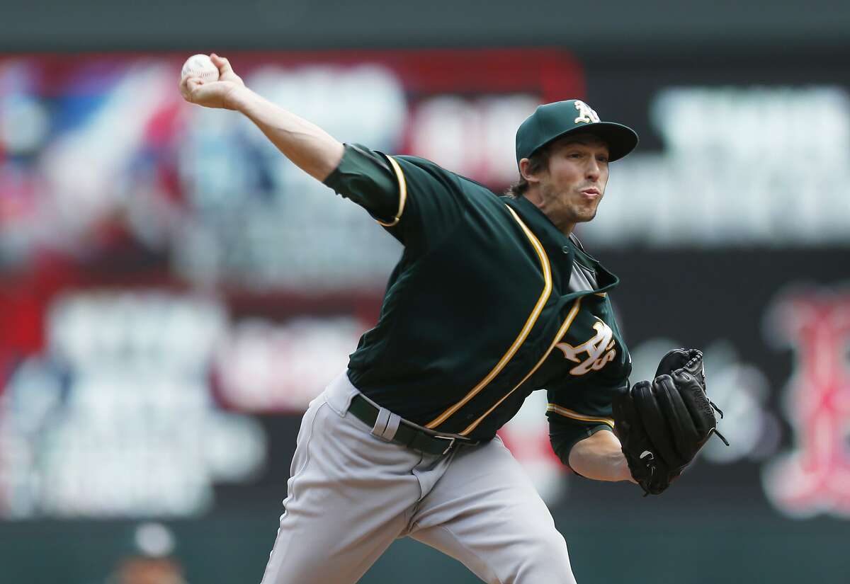 Oakland Athletics pitcher Ryan Dull throws against the Minnesota Twins in the seventh inning of a baseball game Thursday, May 4, 2017, in Minneapolis. (AP Photo/Jim Mone)