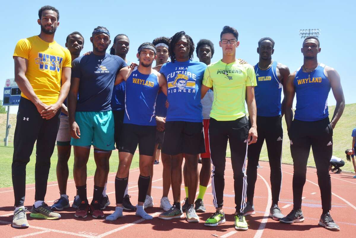 Former Plainview High School runner Joey Gonzales and his Wayland Baptist University men’s track teammates will pursue a national title at the NAIA National Championships in Gulf Shores, Ala., Thursday through Saturday. The team consists of front row, from left, Adam Berhe (4x800 relay), Justin Scruggs (4x100 relay, 100-meter dash), Joey Gonzales (4x800 and 4x400 relays), Jean Soutien (4x400 and 4x100 relays, 400-meter dash), and Idahir Lopez (4x800 relay). Back row, from left, Sonwabiso Skhosana (4x400 and 4x100 relays, 400-meter dash), Donte Irving (triple jump), Brian Gonzalez (4x800 relay), Kabroderan Handsborough (4x100 and 4x400 relays, 100- and 200-meter dashes), Tre Hinds (4x400 and 4x800 relays, 400-meter dash, 400-meter hurdles), and Leon Boyd (long jumps and triple jump). Not pictured is Demetrius Turner (4x400 relay, 200- and 400-meter dashes).
