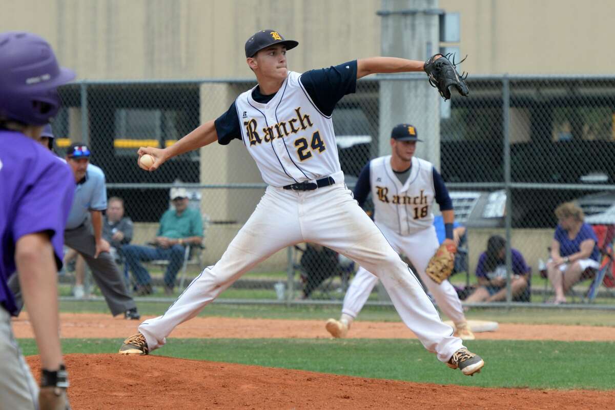 Reliever Jacob Hymel (24) of Cy Ranch delivers a pitch in the fifth inning during game 3 of a 6A Region III quarterfinal baseball playoff series between the Ridge Point Panthers and the Cy Ranch Mustangs on Saturday May 20, 2017 at Katy Taylor HS, Katy, TX.