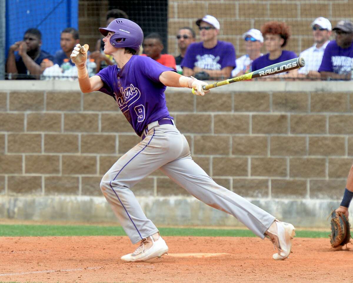 Will Pendergrass (9) of Ridge Point drives in two runs with a hit in the fifth inning during game 3 of a 6A Region III quarterfinal baseball playoff series between the Ridge Point Panthers and the Cy Ranch Mustangs on Saturday May 20, 2017 at Katy Taylor HS, Katy, TX.