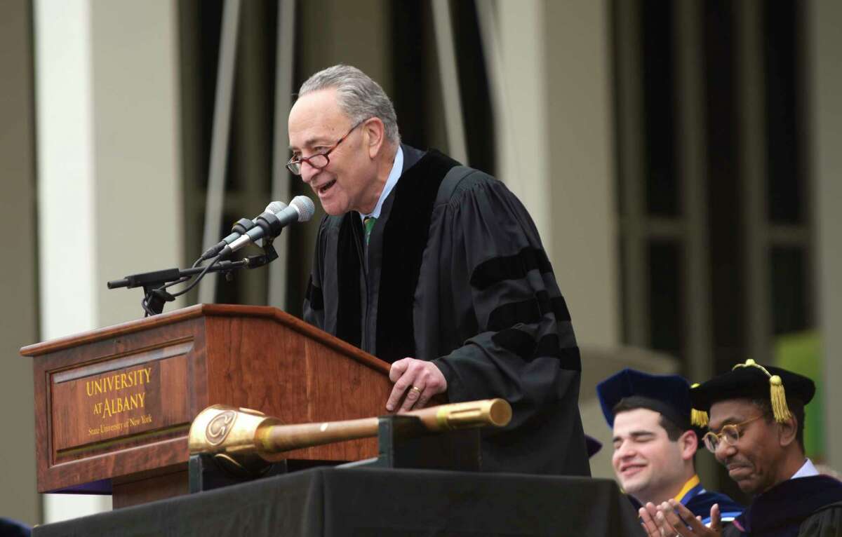 Sen. Charles Schumer addresses those gathered for the University at Albany undergraduate commencement ceremony on Sunday, May 21, 2017, in Albany, N.Y. (Paul Buckowski / Times Union)