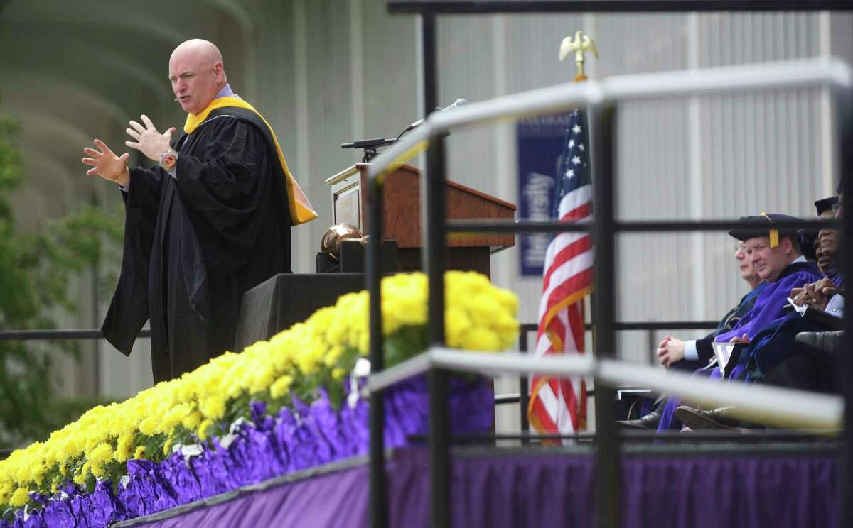 Scott Kelly, NASA astronaut and Captain, U.S. Navy (Ret.), delivers the commencement address at the University at Albany undergraduate commencement ceremony on Sunday, May 21, 2017.