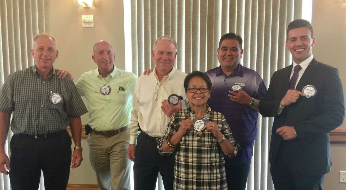 A group of new members of the Conroe Noon Lions Club who earned their points were eager to receive their official blue member badge during last weekâs meeting. Pictured are John Kreger, Brian Richardson, Kam Kneisley, Emy Sullivan, Robert Martinez, and Sergio Vaz Lopes.