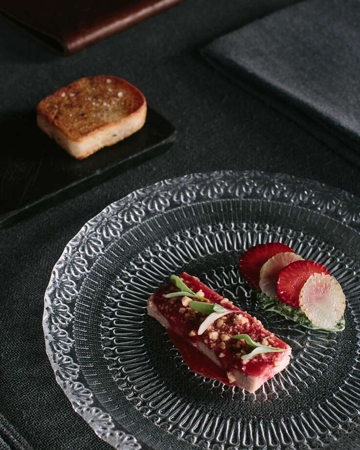 grain of paradise toast, foie gras terrine with fried almonds