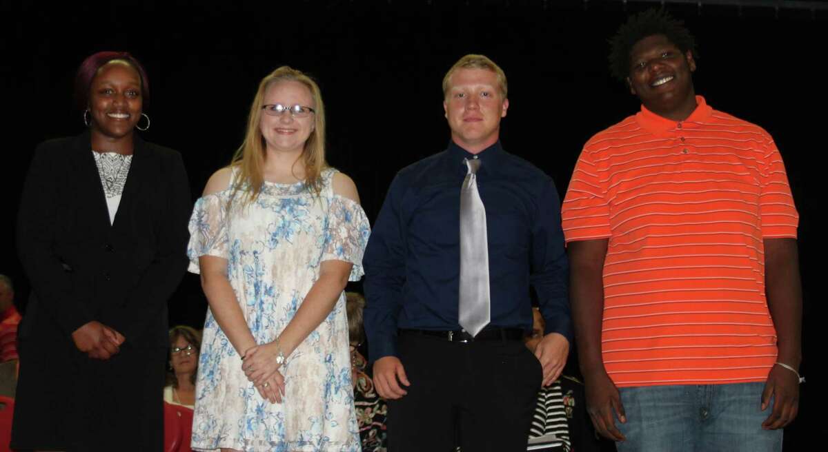 These four Coldspring-Oakhurst High School seniors are recipients to individual collegiate awards. Left to right: Jacora Reese who plans to attend Oral Roberts University, Angel Ramber who is set to attend Texas A&M University, Craig Erlanson who is going to attend Angelina Jr. College and Tommy McClendon who plans to attend Sul Ross University.