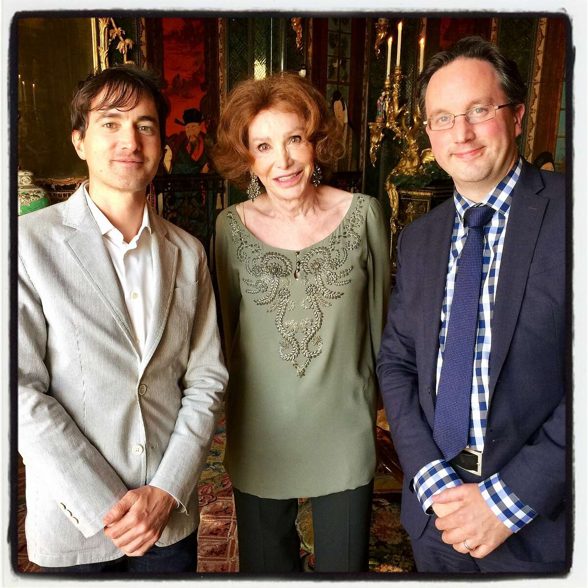 Composer Mason Bates (left) with Ann Getty and SF Opera General Director Matthew Shilvock at a listening party hosted by the Getty's. May 18, 2017.