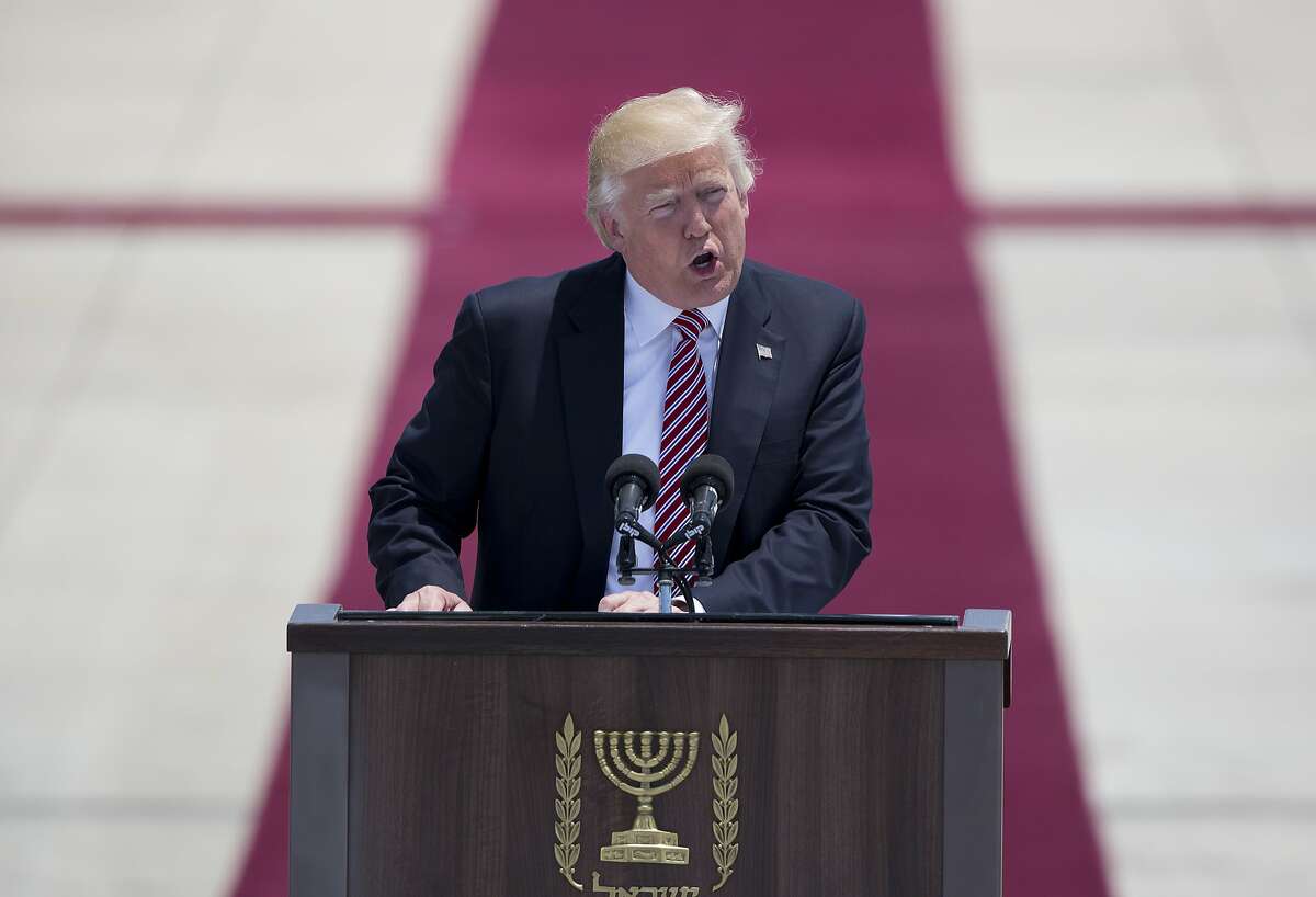 US President Donald Trump speaks during welcome ceremony in Tel Aviv, Monday, May 22,2017. (AP Photo/Oded Balilty)