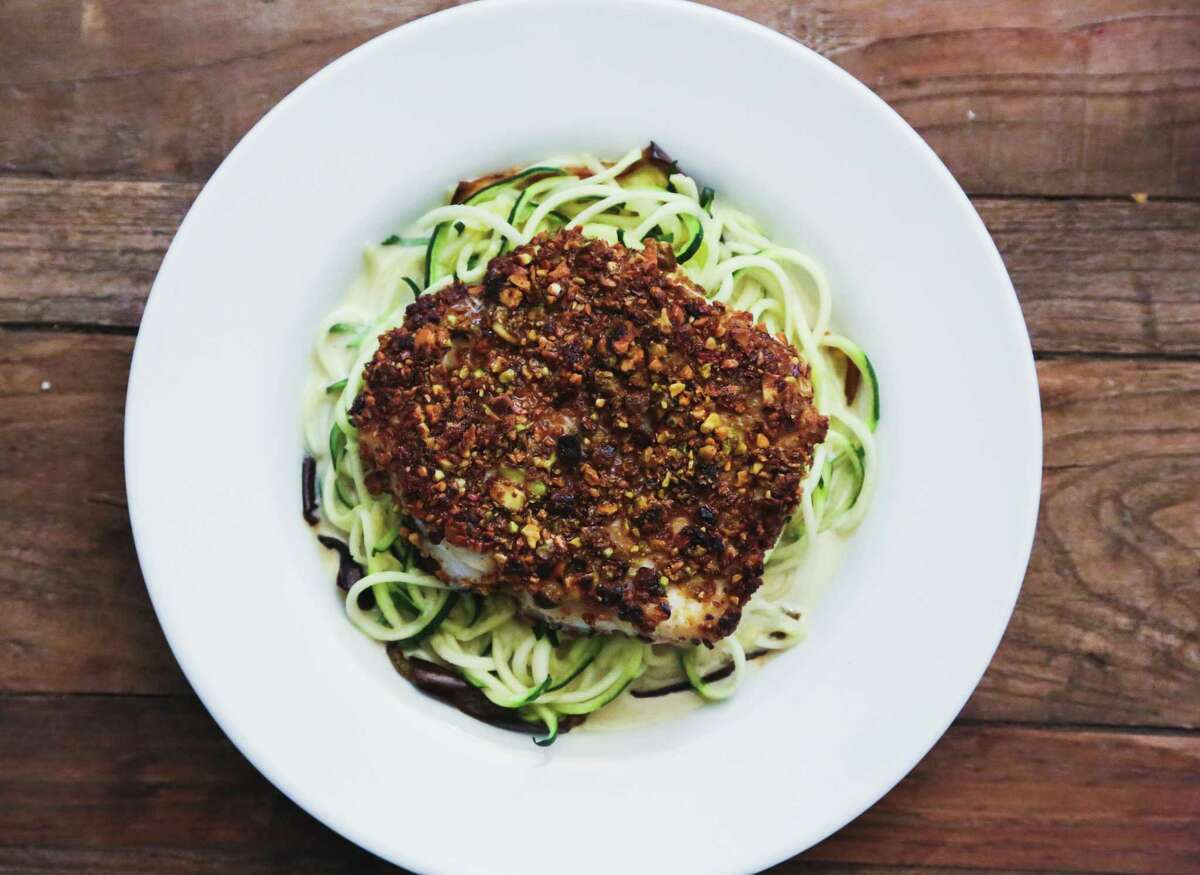 Pistachio Crusted Tilefish with Roasted Eggplant and Spiralized Zucchini